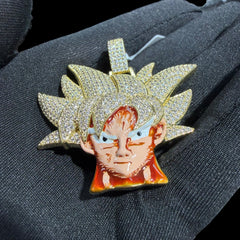 Iced Out Spiky Hair Warrior Pendant Necklace, 14K Gold Plated CZ Diamond Anime Style Charm for Men, Hip Hop Jewelry, w/ Rope Chain