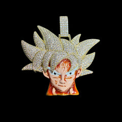 Iced Out Spiky Hair Warrior Pendant Necklace, 14K Gold Plated CZ Diamond Anime Style Charm for Men, Hip Hop Jewelry, w/ Rope Chain