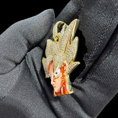 Iced Out Spiky Hair Warrior Pendant Necklace, 14K Gold Plated CZ Diamond Anime Style Charm for Men, Hip Hop Jewelry, w/ Rope Chain