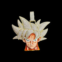 Iced Out Spiky Hair Warrior Pendant Necklace, 14K Gold Plated CZ Diamond Anime Style Charm for Men, Hip Hop Jewelry, w/ Rope Chain