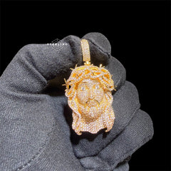 Iced Out Jesus Pendant Crown of Thorns Necklace 14k Gold Plated Religious Mens Christian Bling Chain + Free Steel AntiTarnish Rope Chain