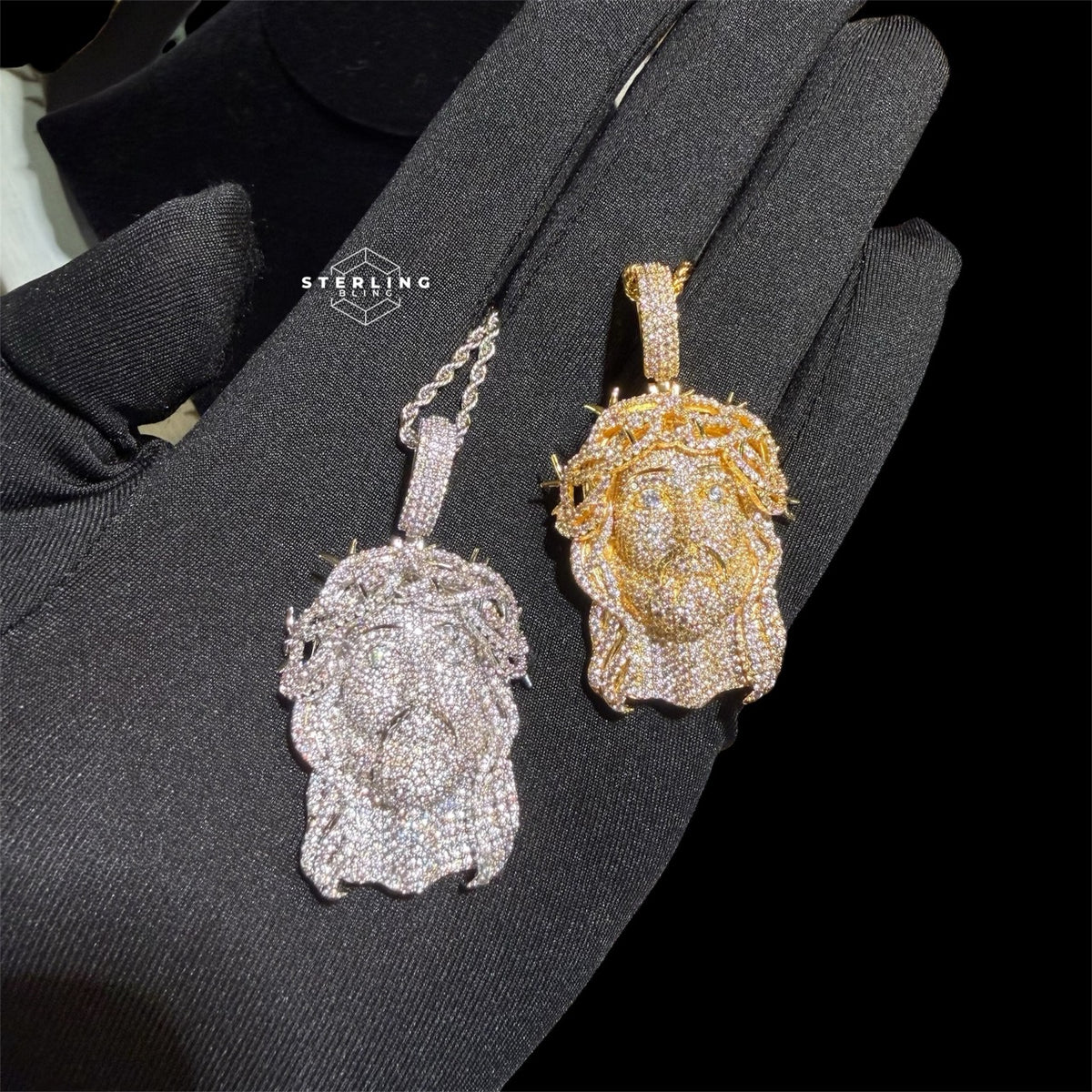 Iced Out Jesus Pendant Crown of Thorns Necklace 14k Gold Plated Religious Mens Christian Bling Chain + Free Steel AntiTarnish Rope Chain