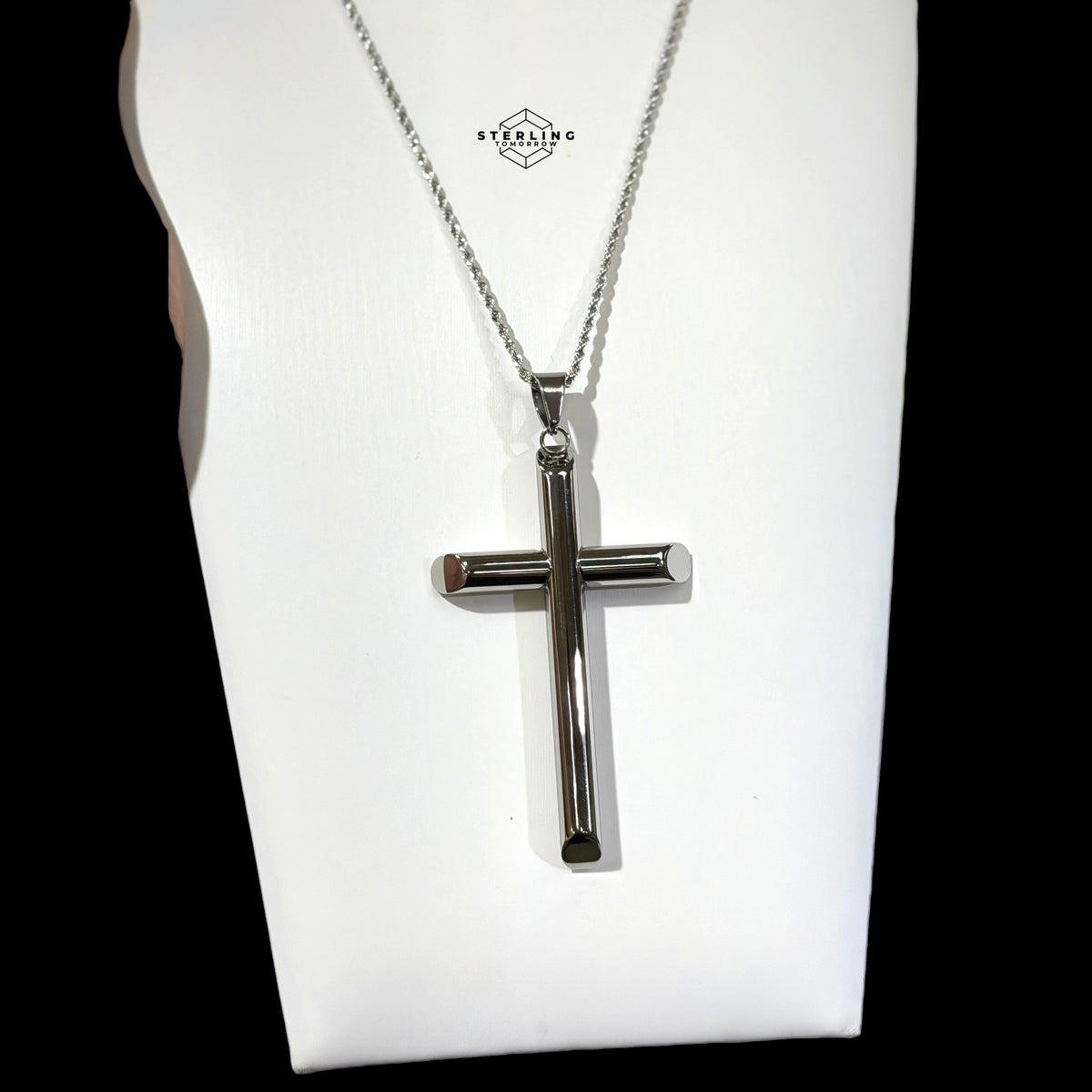 Large Silver Cross Pendant Necklace, Stainless Steel Necklace for Men