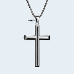Large Silver Cross Pendant Necklace, Stainless Steel Necklace for Men