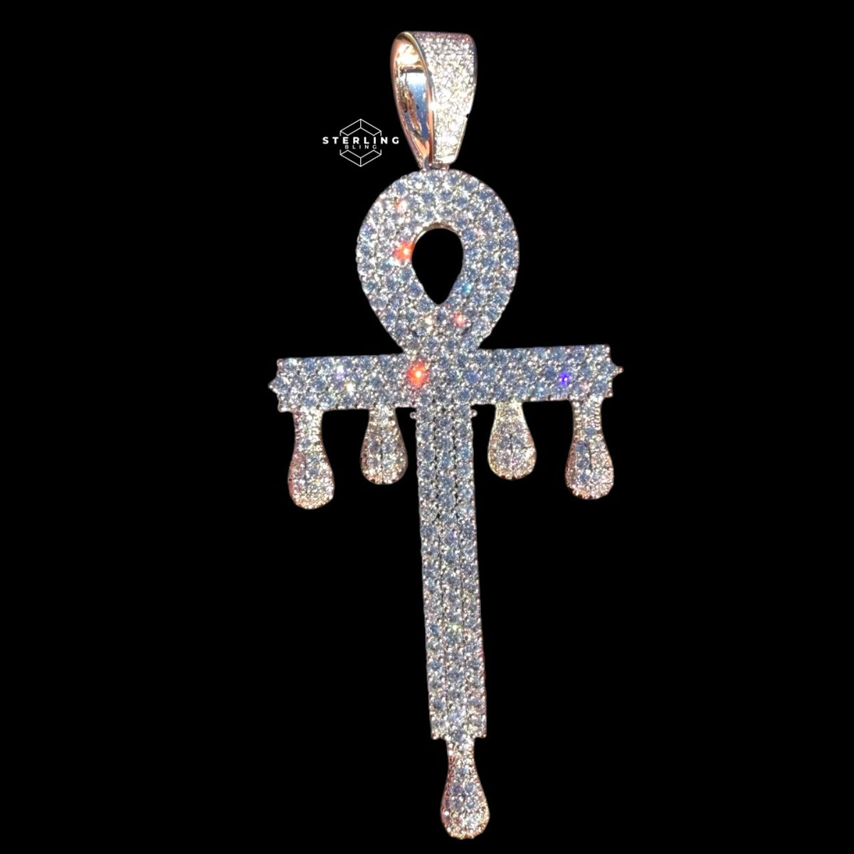 Large 14K White Gold Plated Iced Out Ankh Pendant | CZ Diamond Drip Ankh Cross Necklace | Hip Hop Jewelry + Free 22" Rope Chain