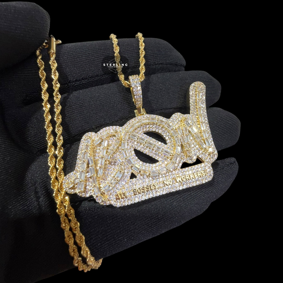 Iced Out All Bosses No Workers Pendant, 14K Gold Plated Baguette CZ Hip Hop Necklace for Men with Rope Chain