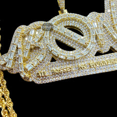 Iced Out All Bosses No Workers Pendant, 14K Gold Plated Baguette CZ Hip Hop Necklace for Men with Rope Chain