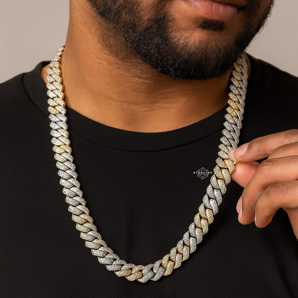 3D Set Moissanite Cuban Chain 14mm 22" - Gold Over 925 Silver Two Tone