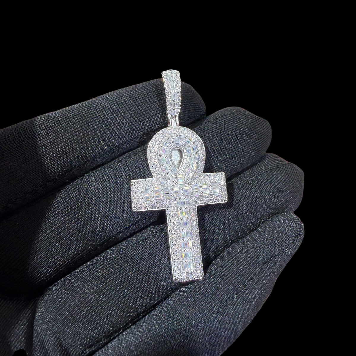 Moissanite Baguette Ankh Pendant 925 Sterling Silver Iced Out Egyptian Cross w/ Rope Chain