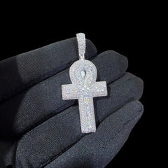 Moissanite Baguette Ankh Pendant 925 Sterling Silver Iced Out Egyptian Cross w/ Rope Chain