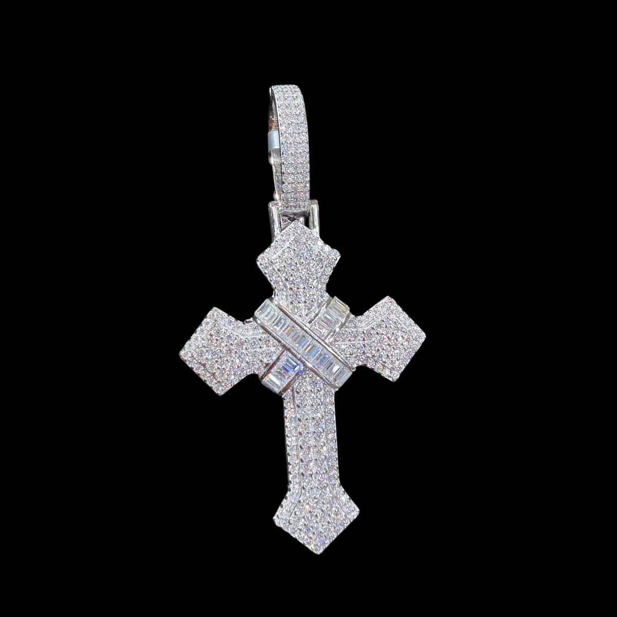 Moissanite Cross Pendant 925 Sterling Silver, Iced Out Baguette Cross Necklace, Hip Hop Jewelry Gift for Men w Rope Chain