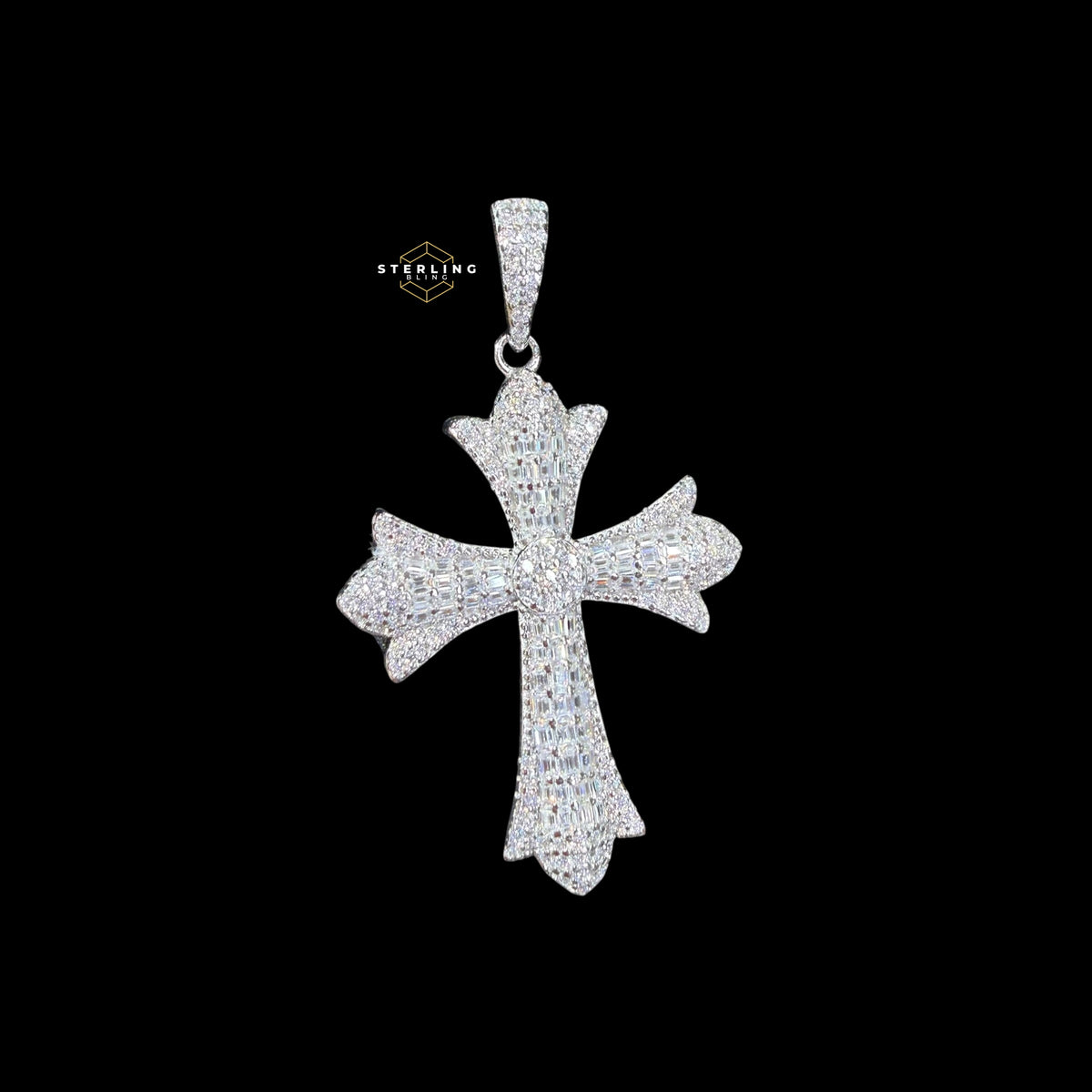 Moissanite Iced Out Chrome Cross Pendant 925 Sterling Silver, Passes Diamond Tester, GRA Certified, Gothic Cross Necklace, Free Steel Rope Chain