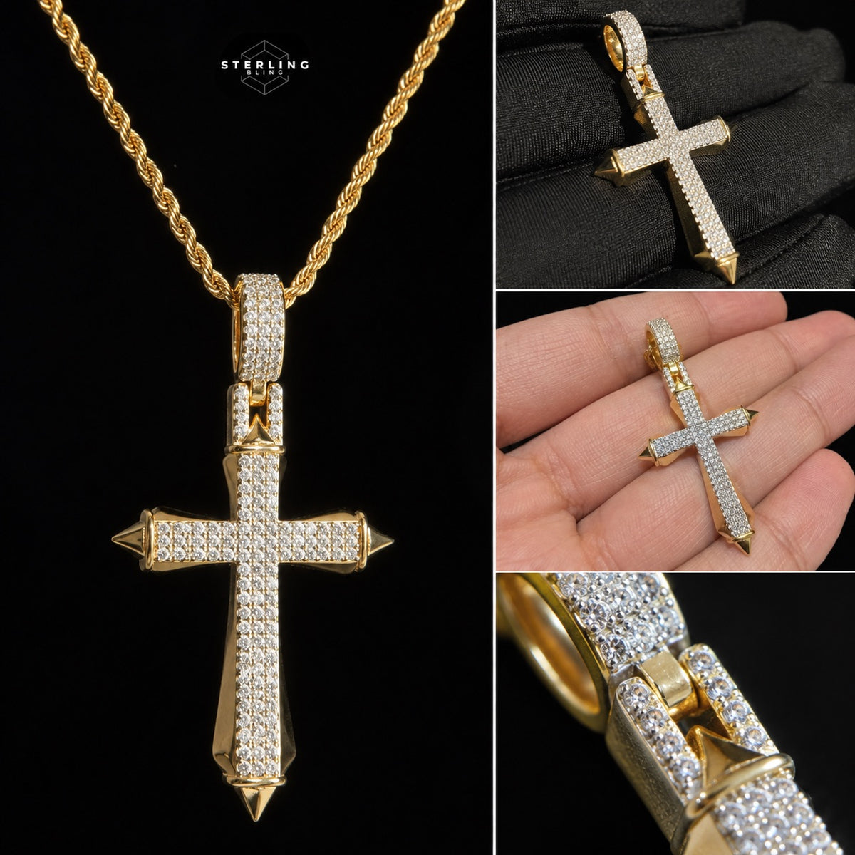 Moissanite Gold Two Tone Pointed Cross Pendant