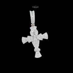 Moissanite Angel Cross Pendant 925 Sterling Silver, Iced Out Baguette Cross Necklace,