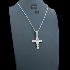 Moissanite Angel Cross Pendant 925 Sterling Silver, Iced Out Baguette Cross Necklace,