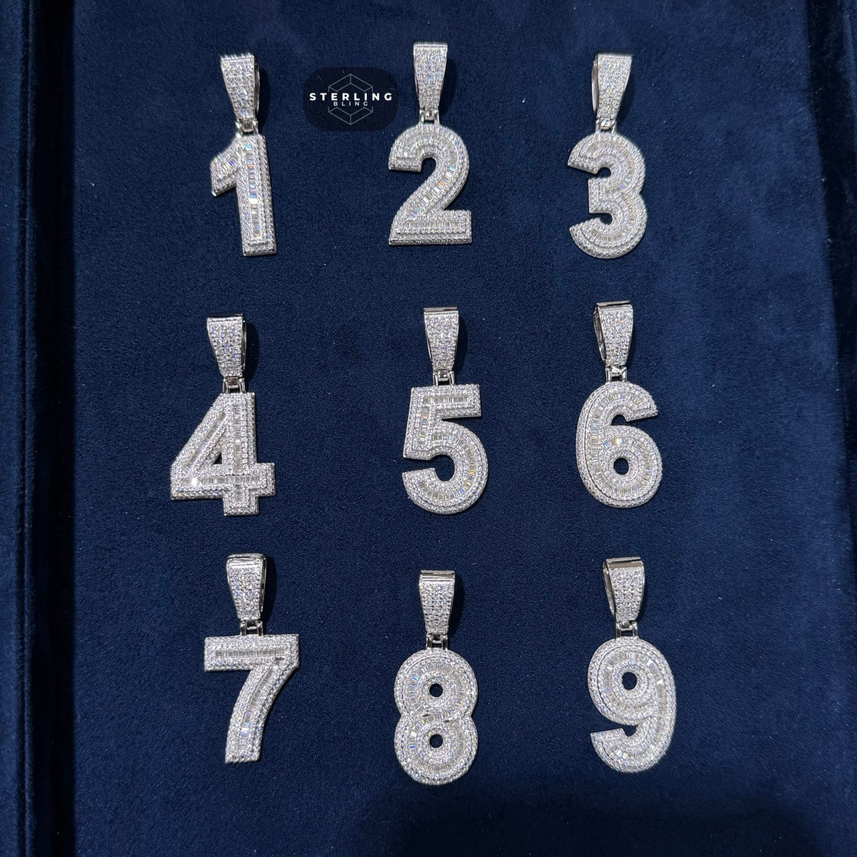 Moissanite 3D Baguette Number Charm Pendants