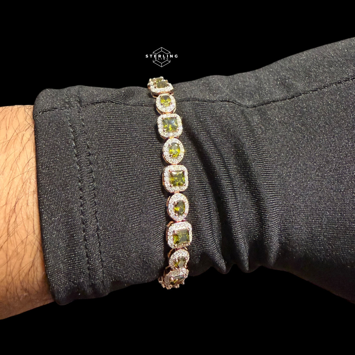 Moissanite Tennis Bracelet, Rose Gold 925 Sterling Silver Olive Green CZ Halo Bracelet