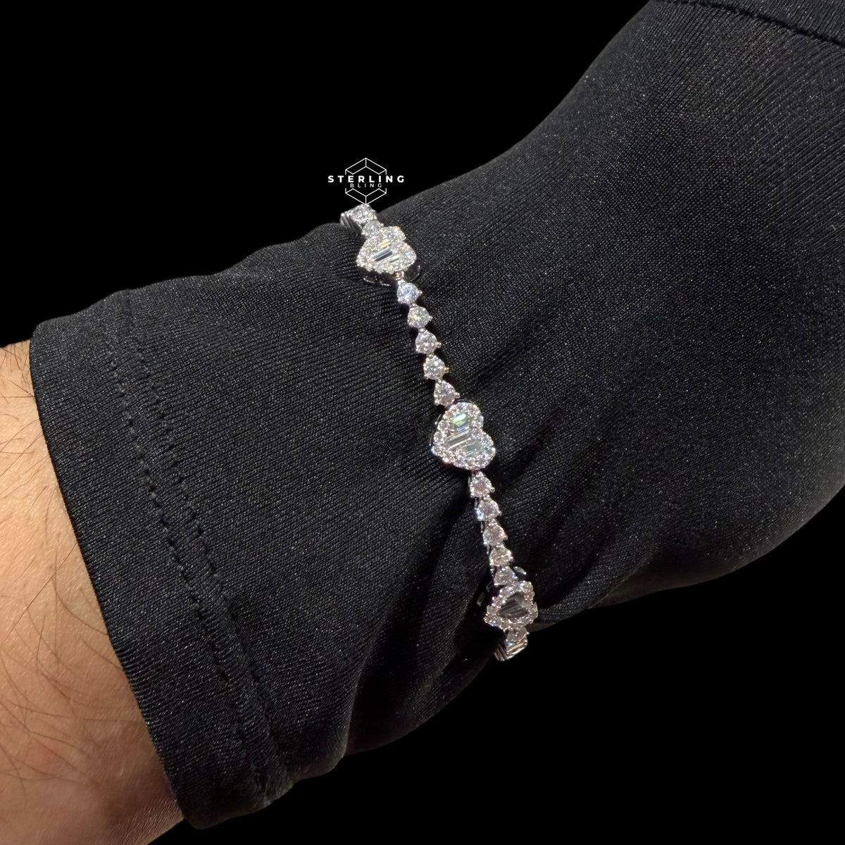 Moissanite Heart Tennis Bracelet, 925 Sterling Silver Baguette Heart Halo Bracelet