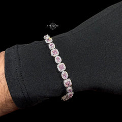 Moissanite Tennis Bracelet 925 Sterling Silver, Pink CZ Halo Moissanite Bracelet, 7 Inch Pink Stone