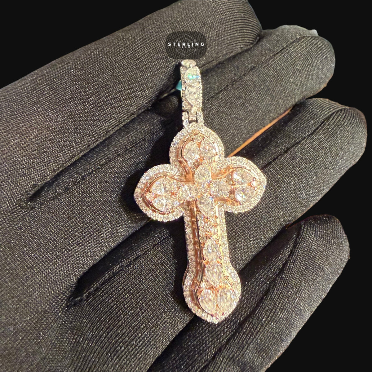 Moissanite Small Pear Cut Rose Gold Cross Pendant
