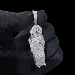 Moissanite San Judas Pendant 925 Sterling Silver, Iced Out Saint Jude Necklace