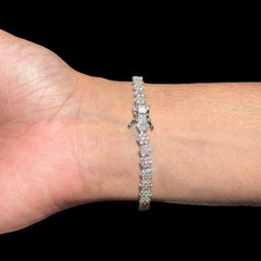 Moissanite Flower Bracelet, 925 Sterling Silver Pink CZ Honeycomb Bracelet, 5mm Two Tone 7 Inch Floral Bracelet for Women