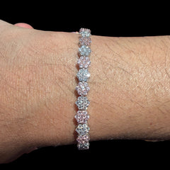 Moissanite Flower Bracelet, 925 Sterling Silver Pink CZ Honeycomb Bracelet, 5mm Two Tone 7 Inch Floral Bracelet for Women