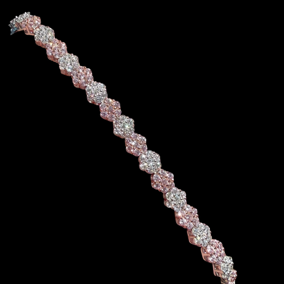 Moissanite Flower Bracelet, 925 Sterling Silver Pink CZ Honeycomb Bracelet, 5mm Two Tone 7 Inch Floral Bracelet for Women