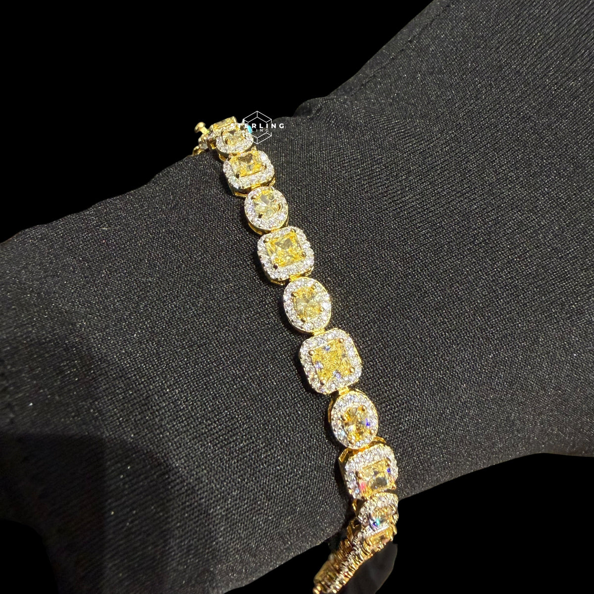 Moissanite Tennis Bracelet, 925 Sterling Silver Gold Yellow CZ Halo Bracelet, 7 Inch Two Tone