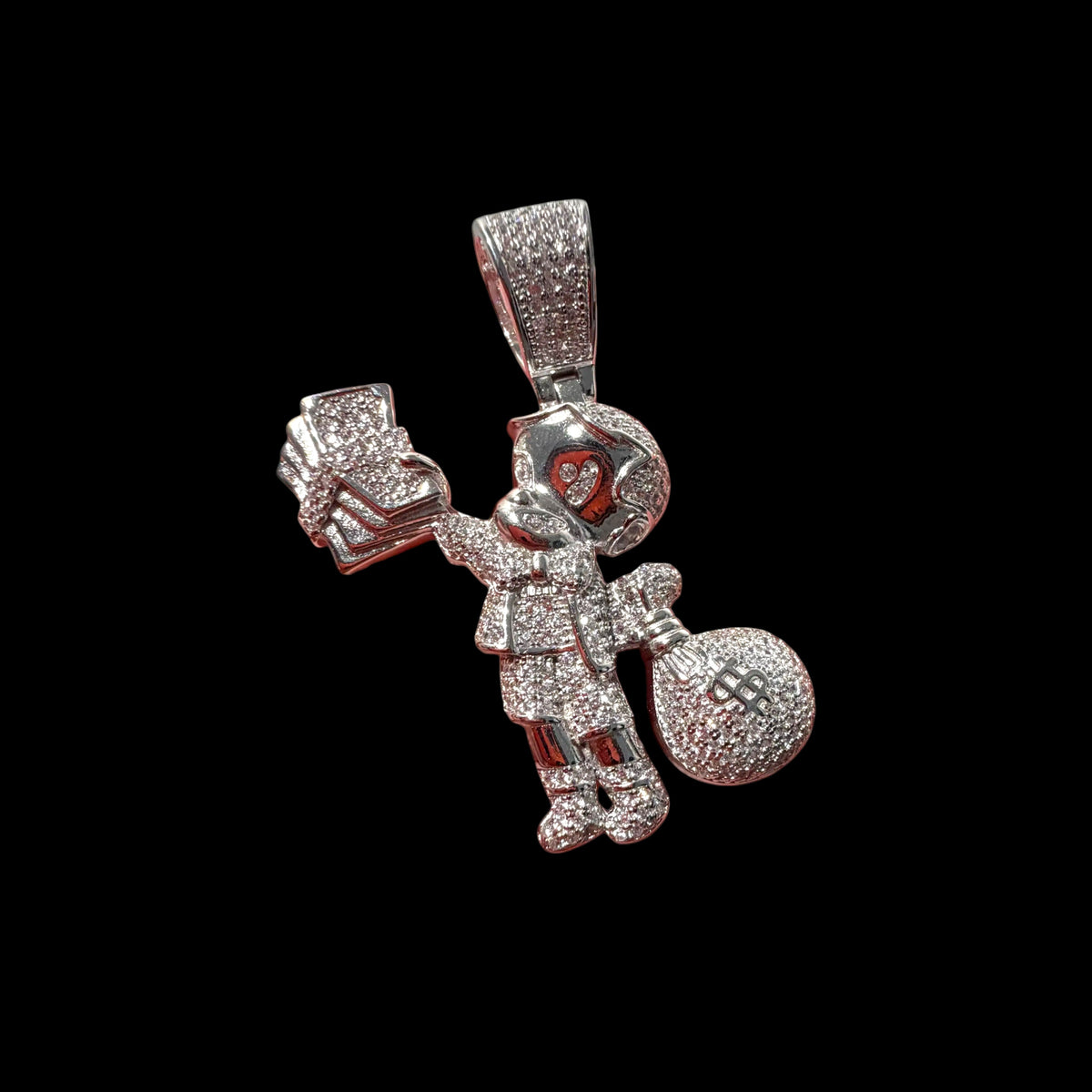 Iced Out Money Man Pendant, Solid 925 Sterling Silver VVS CZ Diamond Cash Bag Necklace, Hip Hop Jewelry, 22 Inch Rope Chain