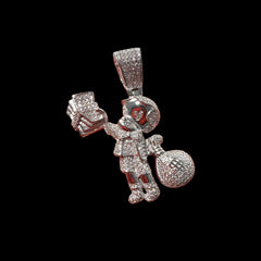 Iced Out Money Man Pendant, Solid 925 Sterling Silver VVS CZ Diamond Cash Bag Necklace, Hip Hop Jewelry, 22 Inch Rope Chain