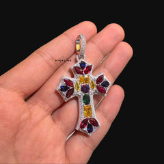 Moissanite Cross Pendant 925 Sterling Silver, Multicolor CZ Gemstone Accent Religious Pendant, Rhodium Plated Iced Out Cross with Free Chain