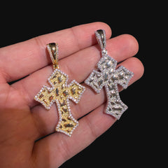 Nugget Cross Pendant Iced Out 14k Gold Plated CZ