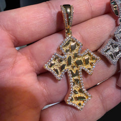 Nugget Cross Pendant Iced Out 14k Gold Plated CZ