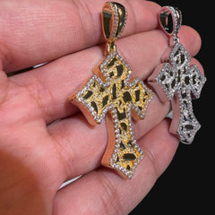Nugget Cross Pendant Iced Out 14k Gold Plated CZ