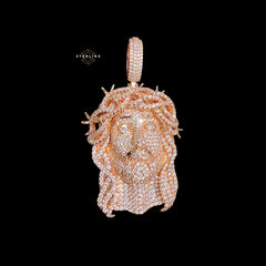 14K Rose Gold Plated Iced cOut CZ Diamond Jesus Pendant | Bustdown Crown of Thorns Jesus Piece | Hip Hop Necklace