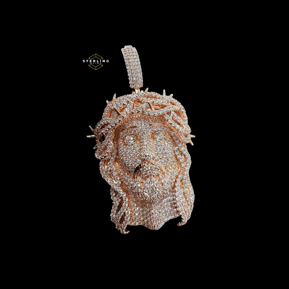 14K Rose Gold Plated Iced cOut CZ Diamond Jesus Pendant | Bustdown Crown of Thorns Jesus Piece | Hip Hop Necklace