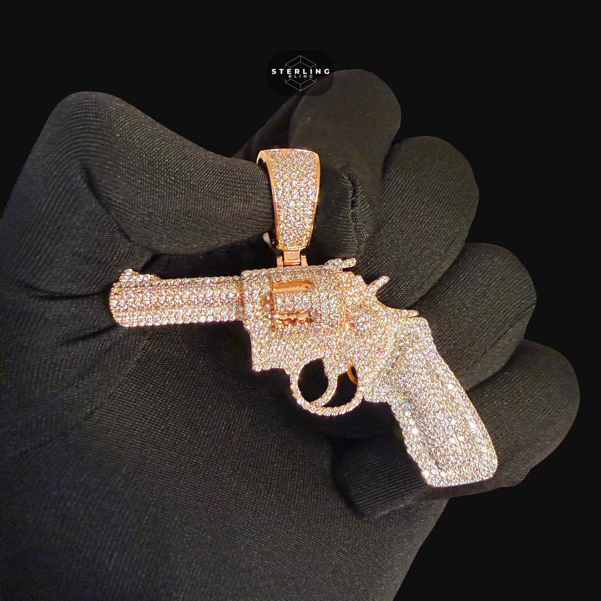 Rose Gold Revolver Gun Iced Out Pendant