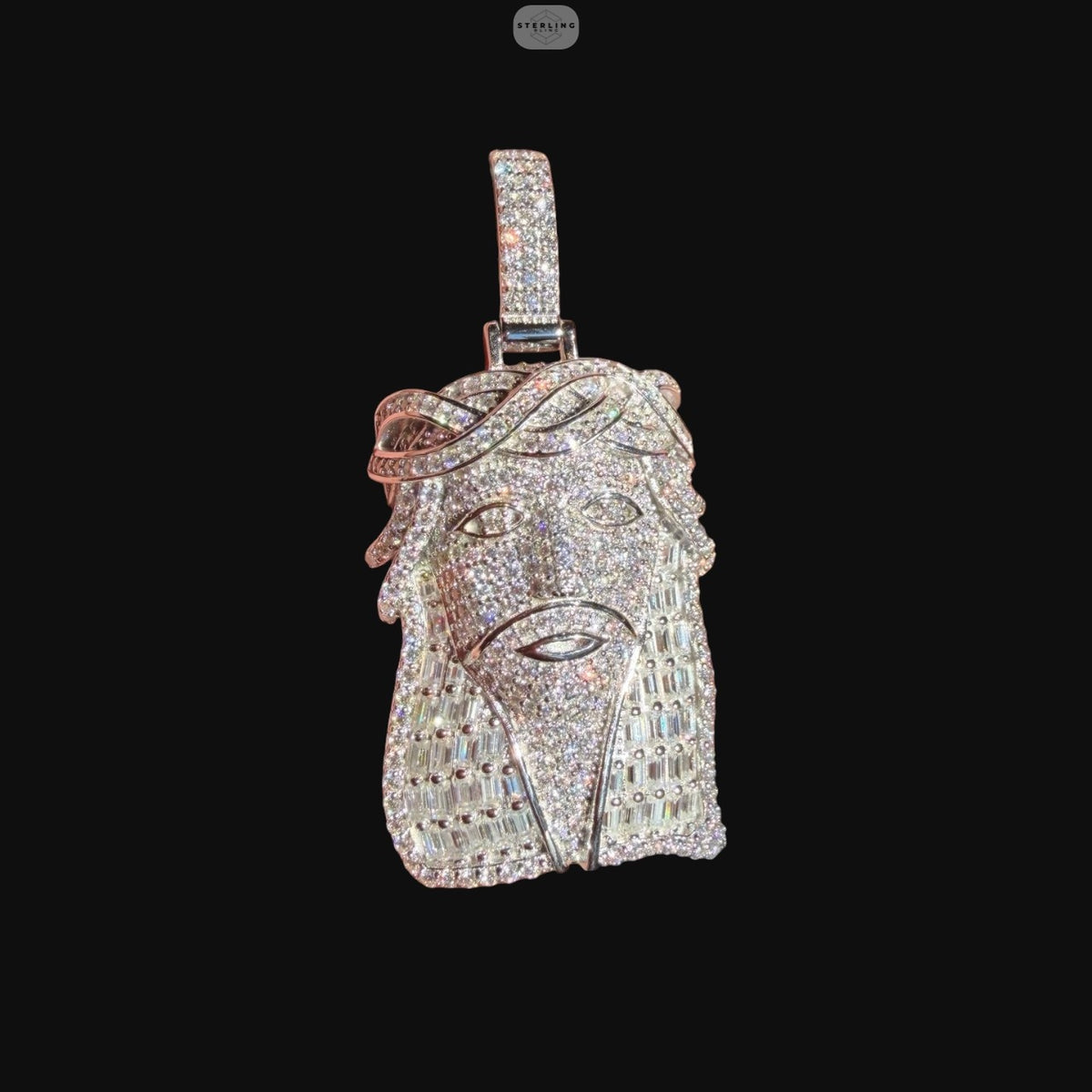 Iced Out Baguette Jesus Pendant | 14K White Gold Plated Jesus Head Necklace, CZ Hip Hop Pendant with Free Rope Chain