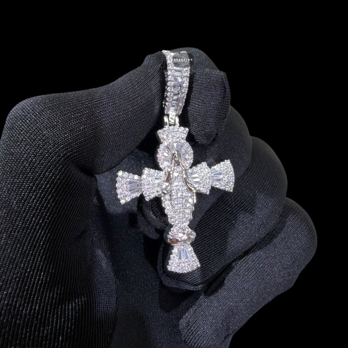 Iced Angel Cross Pendant 14K White Gold Finish