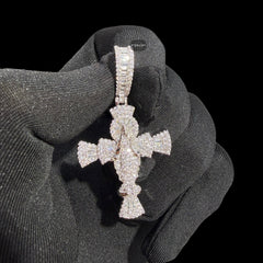 Iced Angel Cross Pendant 14K White Gold Finish