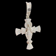 Iced Angel Cross Pendant 14K White Gold Finish