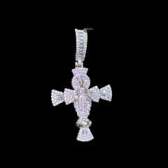 Iced Angel Cross Pendant 14K White Gold Finish