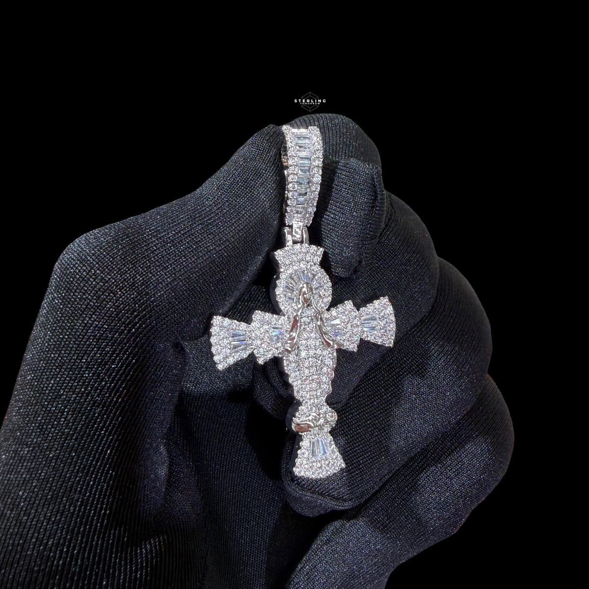 Moissanite Angel Cross Pendant 925 Sterling Silver, Iced Out Baguette Cross Necklace,