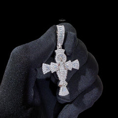 Moissanite Angel Cross Pendant 925 Sterling Silver, Iced Out Baguette Cross Necklace,