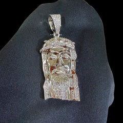 14K White Gold Plated Silver Iced Out Jesus Pendant, CZ Diamond Jesus Face Necklace for Men