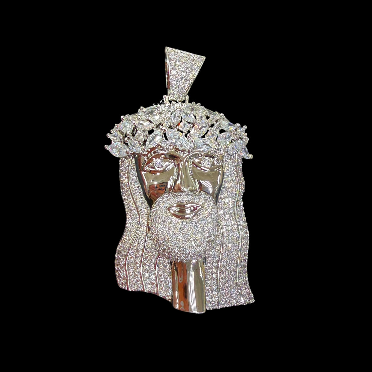 Iced Out Jesus Pendant, 14K White Gold Plated CZ Diamond Crown of Thorns Pendant