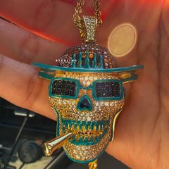 Iced Out Skull Pirate Pendant, 14k Gold Plated CZ Diamonds Glow in The Dark, Steel Rope Chain