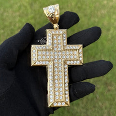 Large 5" 14k Gold Plated Iced Cross Pendant