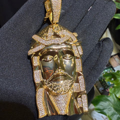 Big Gold Iced Diamond Cut Jesus Pendant w/Rope Chain